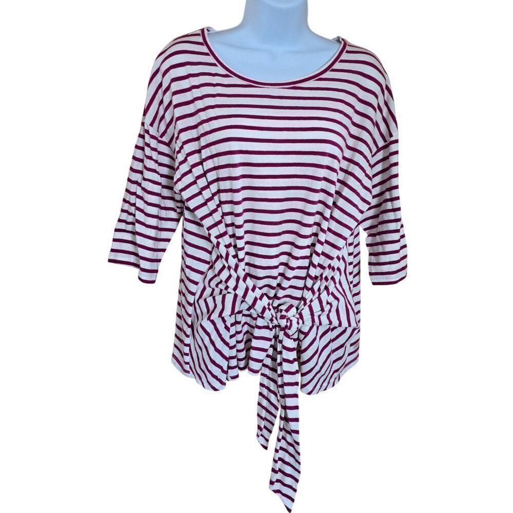 Striped, Red & White Tie-Front Top 3/4 Sleeves boho nautical chic basic